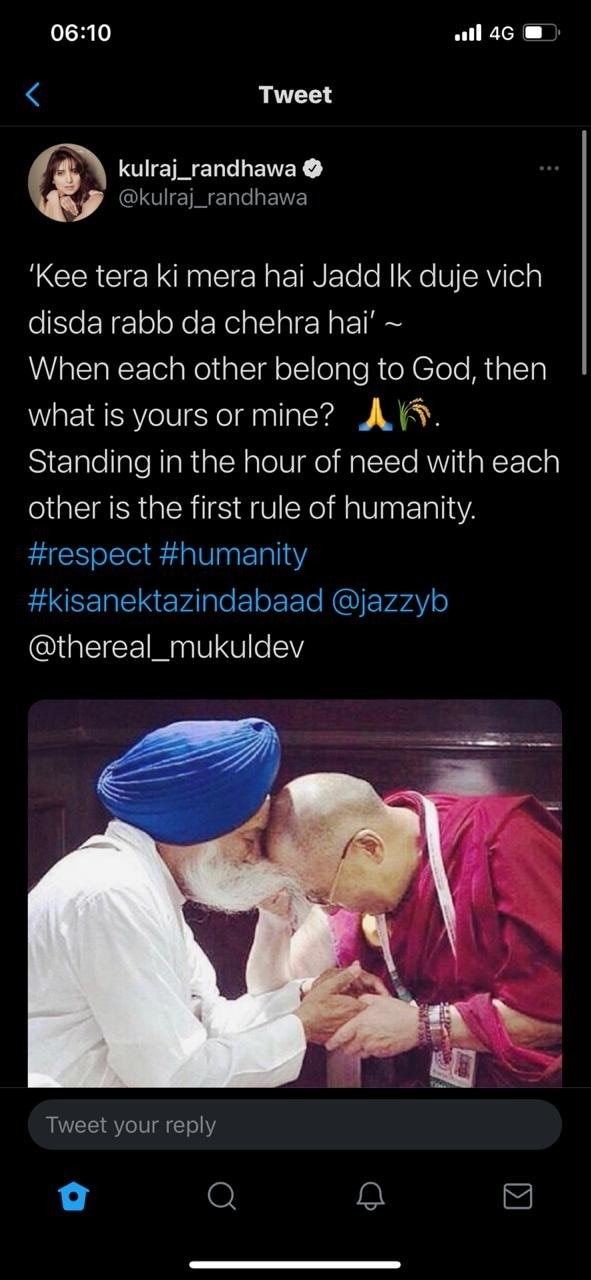 ਅਦਾਕਾਰਾ ਕੁਲਰਾਜ ਰੰਧਾਵਾ ਨੇ ਵੀ ਟਵੀਟ ਕਰਦਿਆਂ ਕਿਸਾਨ ਏਕਤਾ ਜ਼ਿੰਦਾਬਾਦ ਦਾ ਨਾਅਰਾ ਦਿੱਤਾ।