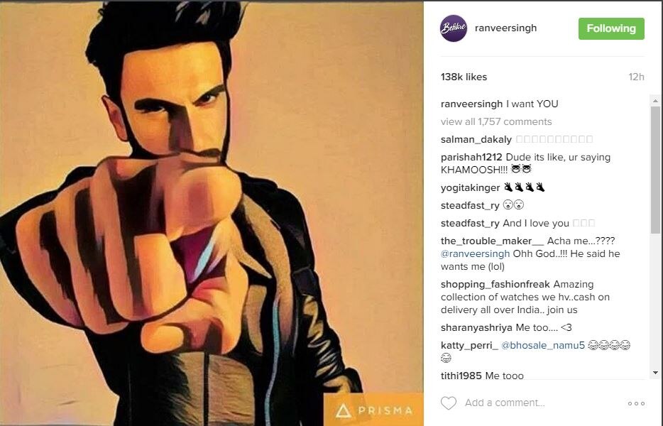 CHECK OUT: Ranveer Singh says 'I want you' with a HOT PRISMA PIC !