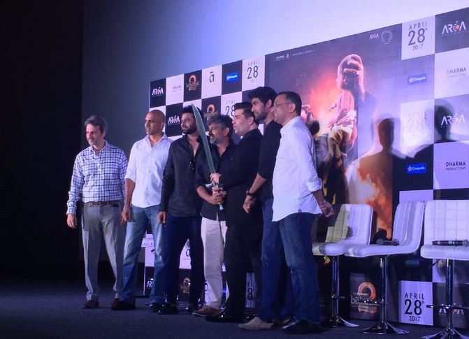 Baahubali: The Conclusion'director Rajamouli presents Katappa's sword to Karan Johar