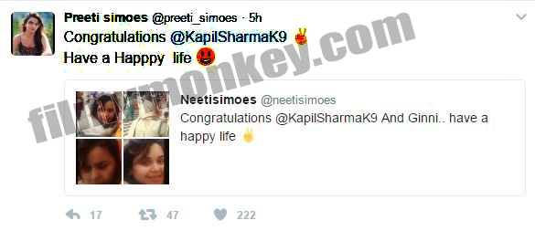 Preeti's tweet congratulating Kapil and Ginni