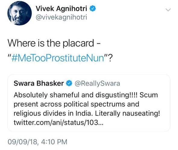 Vivek Agnihotri forced to delete abusive tweet against Swara Bhasker