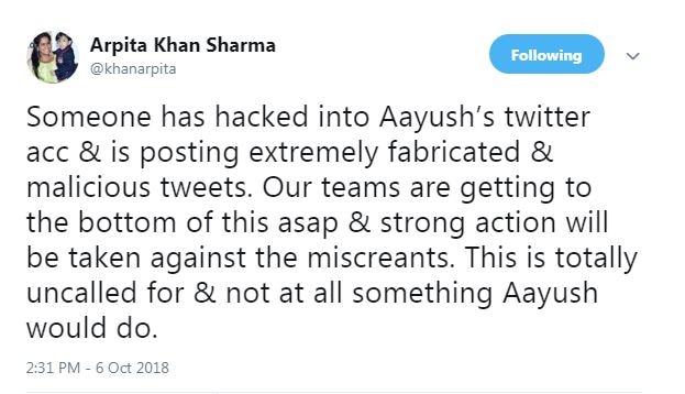 After Shahid Kapoor, Aayush Sharma’s Twitter account gets hacked a day after Loveyatri’s release; Wife Arpita informs