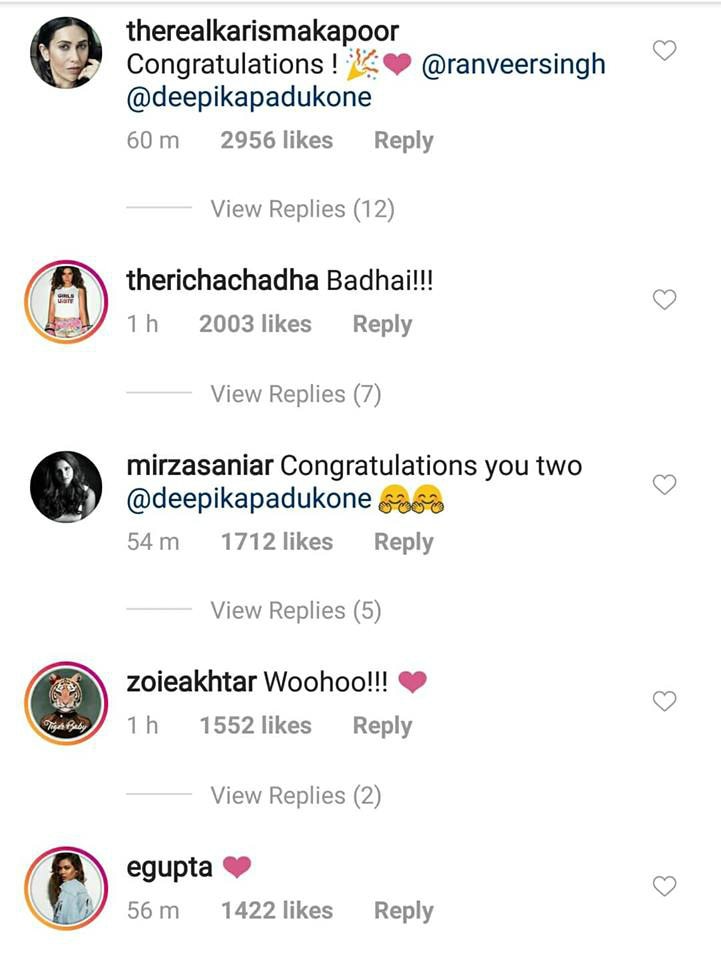 KJo, Sonam, Tiger, Alia & other celebs congratulate Ranveer-Deepika after wedding announcement!