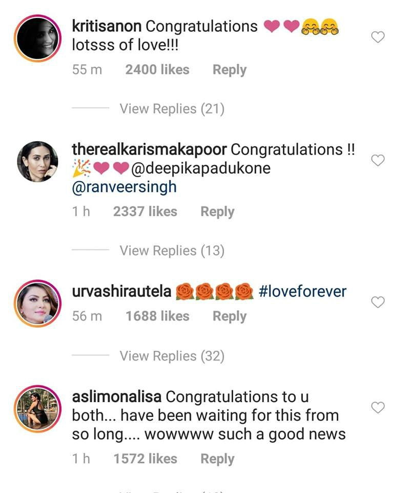 KJo, Sonam, Tiger, Alia & other celebs congratulate Ranveer-Deepika after wedding announcement!