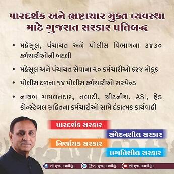 માજી મુખ્યમંત્રી આનંદીબહેન પટેલની સરકારમાં વ્યાપક ભ્રષ્ટાચાર થતો હોવાની બૂમરાડ ઉઠી હતી. આથી તે છાપને હાલની સરકાર દૂર કરવા માગે છે. મુખ્યપ્રધાને પદભાર સંભાળ્યા બાદ IAS-IPS સહિતનાં ટોચનાં અધિકારીઓની મીટીંગમાંજ ભ્રષ્ટાચાર બંધ કરાવોની કડક સૂચના અપાઈ હતી.