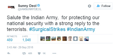 #SurgicalStrikes: બોલીવુડ સેલેબ્સ અને ક્રિકેટરોએ કર્યુ ટ્વિટ, જુઓ તસવીરો