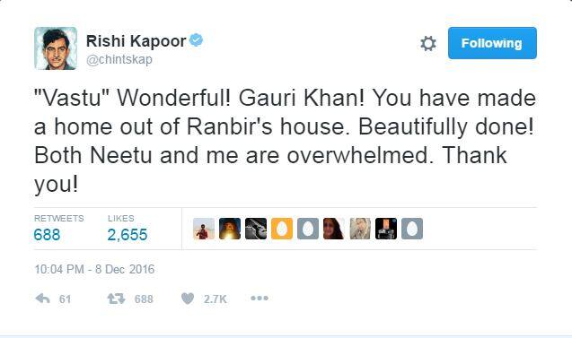 આ માટે રણબીરના પિતા ઋષિ કપૂરે ટ્વિટર પર ગૌરી ખાનનો આભાર માન્યો હતો. અને લખ્યું હતુ કે તેમને અને તેમની પત્ની નીતૂને ઘર ખૂબ જ પસંદ આવ્યુ છે. 