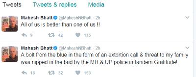મહેશ ભટ્ટે આ મામલે ટ્વિટ કરીને જાણકારી આપી છે કે ધમકી આપનારની ધરપકડ થઈ ચૂકી છે. મહેશ ભટ્ટે જણાવ્યું કે મહારાષ્ટ્ર અને ઉત્તરપ્રદેશ પોલીસે આ શખ્સને પકડી લીધો છે.