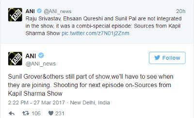 શોના સૂત્રોએ ન્યૂઝ એજન્સીને અહેવાલ આપ્યો છે કે સુનીલ, ચંદન પ્રભાકર અને અલી અસગર જેમણે શો બોયકોટ કર્યાના અહેવાલો હતા તેઓ પણ આગલા એપિસોડની શૂટિંગમાં હાજર રહ્યા હતા. કપિલ અને સુનીલે અંતે તેમનો ઝઘડાનો ઉકેલ લાવી દીધો હોય તેમ લાગે છે. 