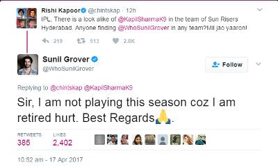 જો કે ઋષિ કપૂરના ટ્વિટ પર સુનીલે જવાબ આપ્યો છે કે, સર હું આ સીઝનમાં નથી કેમકે મને ઈજા પહોંચી હોવાથી રિટાયર્ડ થઈ ગયો છું. 