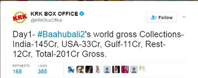 કેઆરકે બોક્સ ઓફિસે ટ્વિટ કરી જણાવ્યું છે કે આ પહેલા દિવસે આ ફિલ્મે ભારતમાં 145 કરોડ, યુએસમાં 33 કરોડ, ગલ્ફમાં 11 કરોડ અને બાકીની જગ્યાઓ પર 12 કરોડ કમાણી કરી છે. કુલ આ ફિલ્મની પહેલા દિવસની ગ્રોસ 201 કરોડ છે. 
