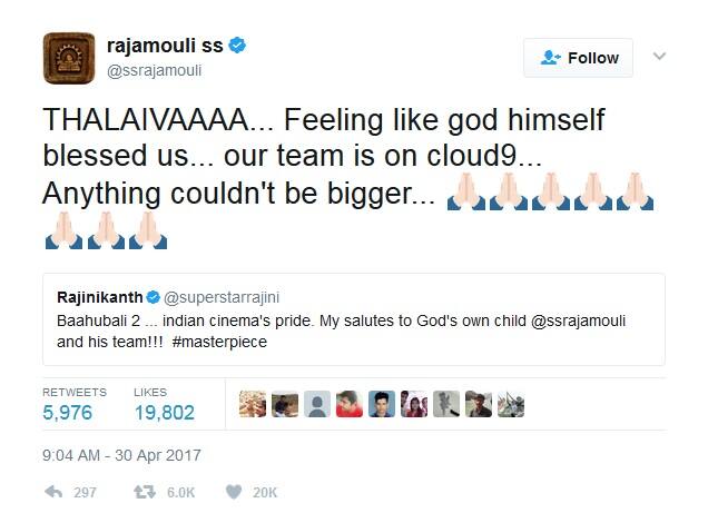  તેના પર રાજામૌલીએ જવાબ આપ્યો કે આનાથી સારું ફિલ્મ માટે કંઈ જ ન હોઈ શકે, કારણ કે બાહુબલી 2ને ખુદ ભગવાને આશીર્વાદ આપ્યા છે.