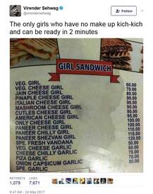 સેહવાગે ટ્વિટર પર મૂક્યુ ગુજરાતની \'ગર્લ સેન્ડવિચ\'નું મેન્યૂ કાર્ડ, જાણો શું લખ્યું છે તેના વિશે