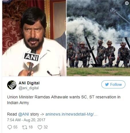 રામદાસે તમામ નૌજવાન ભારતીય સેનામાં જોડાઈને દેશની સેવા કરવાની અપીલ કરી છે. અગાઉ રામદાસ અઠાવલે ક્રિકેટમાં પણ અનુસૂચિત જાતિ અને જનજાતિને 25 ટકા અનામત આપવામાં આવે તેવી માંગ કરી છે. અઠાવલે કાયદેસર દિલ્લીમા એક પત્રકાર પરિસદમાં આ માંગ કરી છે. જો કે, ચેમ્પિયન ટ્રૉફીના ફાઈનલબાદ પાકિસ્તાન સામે હાર બાદ નિરાશ અઠાવલે કહ્યું કે એસી/એસટીને અનામત મળવાથી એક મજબૂત ટીમનું પણ નિર્માણ થશે.