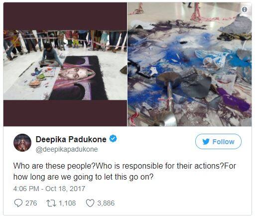 દિપીકાએ એક પછી એક અનેક ટ્વિટ કર્યા છે. આ તસ્વીર શેર કરતા લખ્યું કે આર્ટિસ્ટ કરણે કેટલી મહેનતથી બનાવેલી એક ક્ષણમાં નષ્ટ થતી જોઈ કેટલું દુખભર્યું છે.