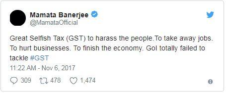 મમતાએ ટ્વિટ કરી કહ્યું, ‘ગ્રેટ સેલ્ફિશ ટેક્સ લોકોને હેરાન કરવા માટે લગાવ્યો છે, નોકરી ઝૂંટવી લીધી, અર્થવ્યવસ્થાને ખતમ કરવા માટે. જીએસટી સામે સરકાર નિષ્ફળ ગઈ છે. ’