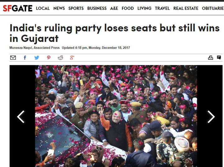 અમેરિકાના એસએફગેટે હેડિંગ આપ્યુ, ભારતની સત્તાધારી પાર્ટીએ બેઠકો ગુમાવી, તેમ છતાં જીત્યુ ગુજરાત. ન્યુઝ વેબસાઈટે લખ્યુ, ભારતના વડાપ્રધાન નરેન્દ્ર મોદીની સત્તાધારી પાર્ટીએ કેટલીક બેઠકો ગુમાવી, પરંતુ કડક પડકાર ઝીલ્યા બાદ પણ તેમણે ગૃહરાજ્ય ગુજરાતમાં પોતાની પકડ જાળવી રાખી. 