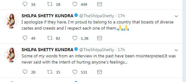 શિલ્પા શેટ્ટીએ કરેલા ટ્વિટનો સ્ક્રીન શોટ