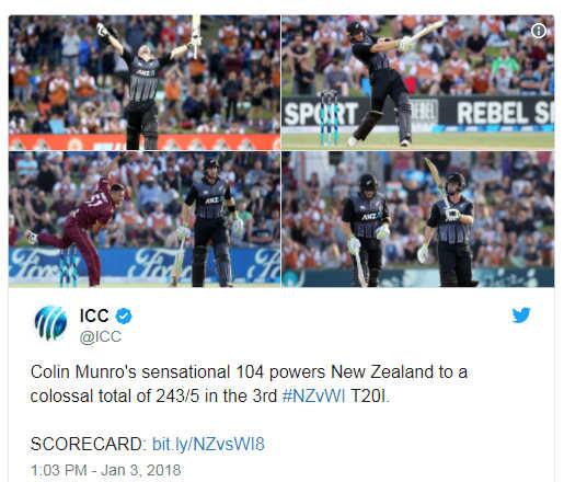 મુનરોની આ ધમાકેદાર ઇનિંગની મદદથી ન્યૂઝીલેન્ડ ટીમ 20 ઓવરમાં પાંચ વિકેટ ગુમાવીને 243 રનનો વિશાળ સ્કૉર કરી શકી હતી. મુનરો ઉપરાંત માર્ટિંન ગુપ્ટિલે પણ 63 રનનું યોગદાન આપ્યું. આ બન્ને બેટ્સમેનોએ પહેલી વિકેટની મદદથી 136 રનની ભાગીદારી કરી હતી. આજની મેચમાં મુનરોનું અર્ધશતક 26 બૉલમાં ત્રણ ચોગ્ગા અને ચાર છગ્ગાની મદદથી પુરુ કર્યું હતું.