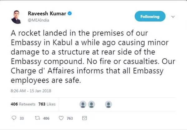 તેમને ટ્વીટ લખ્યું, ‘‘કાબુલમાં અમારા દુતવાસના પરિસરમાં થોડાક સમય પહેલા એક રૉકેટ આવીને પડ્યું જેનાથી દુતવાસ પરિસરના પાછળની બાજુના કેટલાક ભાગને નુકશાન થયું.’’ કુમારે એ પણ જણાવ્યું કે ત્યાં ભારતના ચાર્જ ડિ અફેયર્સે માહિતી આપી હતી કે દુતવાસના બધા કર્મચારી સુરક્ષિત છે.