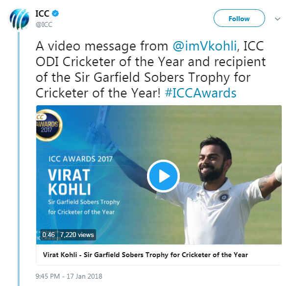 આઇસીસીએ કોહલીને ICC Cricketer of the Year, ICC ODI Cricketer of the Year અને Captain of both ICC Test & ODI Teamsના ચાર એવોર્ડથી નવાજ્યો છે.