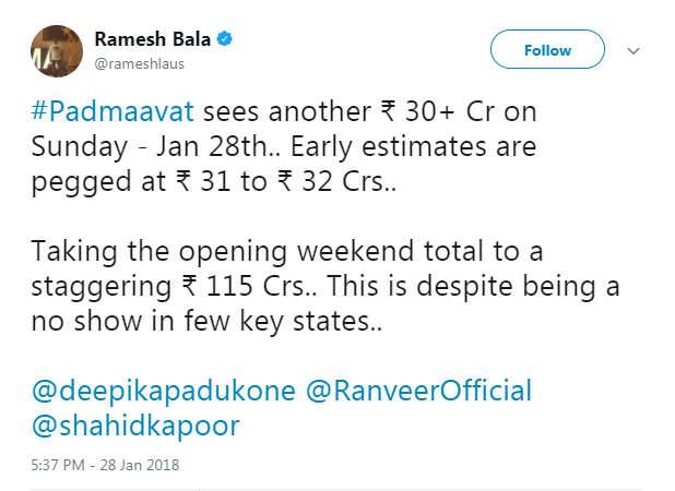 રમેશ વાળાના ટ્વીટ અનુસાર, ફિલ્મે રવિવારે 31-32 કરોડનું તાબડતોડ કલેક્શન કર્યુ છે. પદ્માવતે પેડ રિવ્યૂ દ્વારા 5 કરોડ, ગુરુવારે 19 કરોડ અને શુક્રવારે 32 કરોડ અને શનિવારે 27 કરોડ રૂપિયાની શાનદાર કમાણી કરી લીધી છે. 