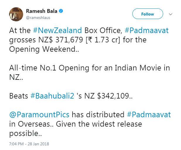 દીપિકા પાદુકોણ, રણવીર સિંહ અને શાહીદ કપૂર સ્ટારર પદ્માવત દેશભરમાં IMAX ફોર્મેટમાં રિલીઝ થવાવાળી સૌથી મોટી ફિલ્મ બની ગઇ છે. ઇન્ડિયામાં 12 સ્ક્રીન્સ મારફતે ફિલ્મએ પહેલા વીકએન્ડ પર 2.93 કરોડ રૂપિયા કલેક્ટ કરી લીધા છે. 