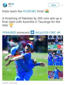 U19WC: ભારતે સેમી ફાઇનલમાં પાકિસ્તાનને આપી 203 રને કારમી હાર, હવે 3જીએ ઓસ્ટ્રેલિયા સામે ફાઇનલ