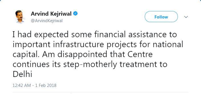 કેજરીવાલે વધુમાં કહ્યું કે, મને આશા હતી કે દેશની રાજધાનીના ઈન્ફ્રાસ્ટ્રક્ચર પ્રોજેક્ટ્સને લઈને કેટલાક મહત્વપૂર્ણ જાહેરાત કરવામાં આવશે. કેન્દ્રમાં હોવા છતા દિલ્લીની સાથે સતત સૌતેલા જેવો વ્યવહાર કરવામાં આવી રહ્યો છે.