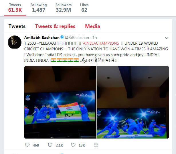 અમિતાભ બચ્ચેને ભારતીય ટીમને અંડર 19 વિશ્વકપ જીતવા બદલ ટ્વિટ કરી અભિનંદન પાઠવ્યા હતા.