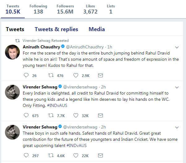 અનોખા અંદાજમાં ટ્વિટ કરવા જાણીતા વિરેન્દ્ર સેહવાગે લખ્યું કે, આ યુવા રાહુલ દ્રવિડના હાથમાં સૌથી વધારે સુરક્ષિત છે.