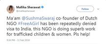 મલ્લિકા શેરાવતે ટ્વિટર પર સુષમા સ્વરાજ પાસે માગી મદદ 