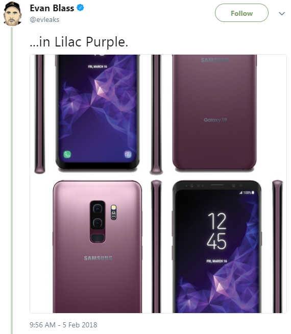 Galaxy S9 અને S9 Plus બેઝલ લેસ ડિસ્પ્લે વાળા સ્માર્ટફોન્સ હશે અને S8થી મેચ થતા હશે. પહેલાની જેમ કર્વ્ડ ડિસ્પ્લે પણ મળશે. S9 Plusના કેમેરા મૉડ્યૂલ ડ્યૂલ છે અને આ વર્ટિકલ છે. કલર ઓપ્શન વિશે ઇવાન બ્લાસે જણાવ્યું કે, S9 મિડનાઇટ બ્લેક, લિલૈક પર્પલ, ટાઇટેનિયમ ગ્રે અને કોરલ બ્લૂમાં આ અવેલેબલ થશે. 