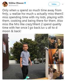 શિખર ધવને ફેમિલી ફોટોઝ શેર કર્યા, કહ્યું- ઘરથી દુર હોઉ ત્યારે બાળકો-પત્ની ખુબ યાદ આવે છે