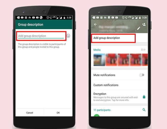 ગ્રુપ ડિસ્ક્રિપ્શનઃ વૉટ્સએપે વિન્ડોઝ અને એન્ડ્રોઇડના બીટા વર્ઝન માટે નવું અપડેટ લૉન્ચ કર્યું છે, આ નવા અપડેટમાં યૂઝર્સ માટે 'ગ્રુપ ડિસ્ક્રિપ્શન' ફિચર્સને એડ કરવામાં આવ્યું છે. આ ફિચર્સની મદદથી હવે ગ્રુપમાં જોડાયેલો કોઇપણ વ્યક્તિ ગ્રુપનું ડિસ્ક્રિપ્શન એડ કરી શકે છે. આ નવા ફિચર્સ અનુસાર, 500 શબ્દોમાં ગ્રુપ ડિસ્ક્રિપ્શન એડ કરી શકાય છે. ટુંકસમયમાં આ ફિચર્સ બધા માટે લૉન્ચ કરી દેવામાં આવશે.