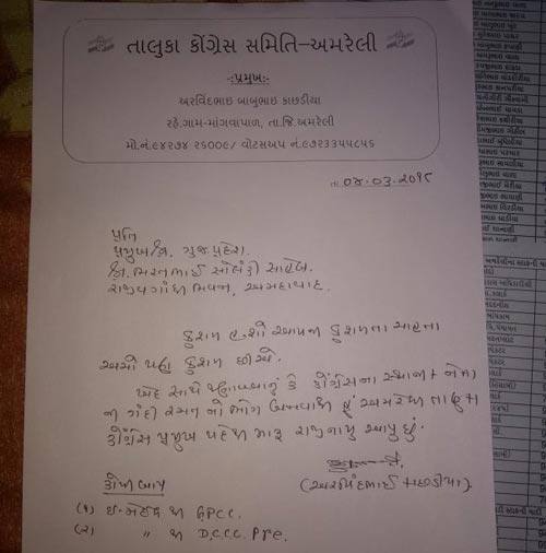 કાછડિયાએ રાજીનામું આપતાં લખ્યું છે કે, કોંગ્રેસના સ્થાનિક નેતાની ગંદી રમતનો ભોગ બનવાથી હું અમરેલી તાલુકા કોંગ્રેસ પ્રમુખ પદેથી મારું રાજીનામું આપું છું. જોકે, તેમણે વ્યક્તિગત રીતે કોઇના નામનો ઉલ્લેખ કર્યો નથી. 