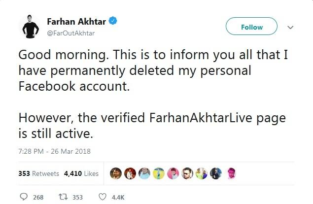 ફરહાને ટ્વીટ દ્વારા ફેસબુક એકાઉન્ટ ડિલીટ કર્યું હોવાની જાણકારી આપી. તેણે પોતાની પોસ્ટમાં લખ્યું કે, ‘તમને બધાને જણાવવા માગું છું કે, મેં કાયમ માટે ફેસબુક એકાઉન્ટ ડિલીટ કરી દીધું છે. પરંતુ ફરહાન અખ્તર લાઈવ પેજ હજુ પણ એક્વિટ છે.’