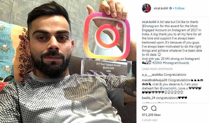 મુંબઈઃ ટીમ ઈન્ડિયાના કેપ્ટન વિરાટ કોહલીએ શનિવારે તેનો ઇન્સ્ટાગ્રામ એવોર્ડ સાથેનો ફોટો શેર કર્યો છે. તાજેતરમાં જ સોશિયલ મીડિયા સાઇટ ઇન્સ્ટાગ્રામે પ્રથમ વખત ભારતમાં તેના એવોર્ડની જાહેરાત કરી હતી. જેમાં કોહલીના એકાઉન્ટને સૌથી વધારે વ્યસ્ત એકાઉન્ટ ગણાવાયું હતું.