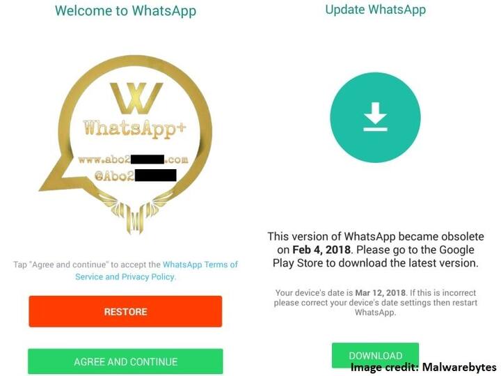  આ એપ Android/PUP.Riskware.Wtaspin.GB નું વેરિયન્ટ છે. આ એપ ફેક વોટ્સએપ રિસ્કવેર છે. આ લિંક દ્વારા શેર કરાયેલું ફેક વોટ્સએપ પ્લસ એક એપીકે ફાઈલ તરીકે ડાઉનલોડ અને ઈન્સ્ટોલ થાય છે. આ એપમાં એક URL અને હેન્ડલની સાથે ગોલ્ડ કલરનો એક વોટ્સએપ લોગો દેખાય છે. ‘Agree and Continue’ પર ક્લિક કરવાથી એપ આઉટ ઓફ ડેટ બતાવે છે અને તમને ઈન્સ્ટોલ અને અપડેટ કરવા માટે કહે છે.