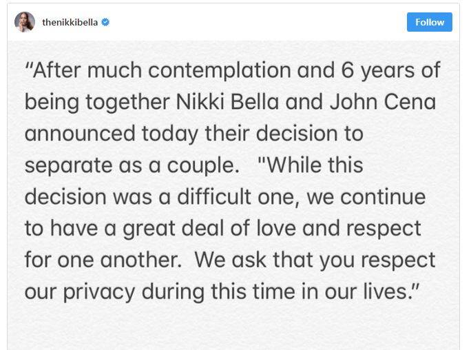 નિક્કી બેલા દ્વારા જાહેર કરવામાં આવેલા નિવેદન મુજબ આ એક મુશ્કેલ ફેંસલો હતો. અમે એકબીજાને પ્રેમ અને સન્માન કરવાનો વાયદો કર્યો હતો. અમે ઈચ્છીએ છીએ કે આ સમયે અમારી પ્રાઇવેસીનું સન્માન કરો.