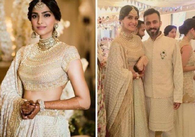 પોતાની સંગીત સેરેમની દરમિયાન સોનમે જે લહેંગો પહેર્યો હતો, તે ગોલ્ડ અને ઑફ વ્હાઇટ કલરનો હતો. સોનમના લહેંગામાં કુંદન જ્વેલરી હતી. આ સાથે માંગટિકા અને કડાનું મેચઅપ કર્યું હતું, જે તેના લહેંગાના કલર સાથે મેચ થતું હતું. આનંદ પણ સંગીત માટે ગોલ્ડન કુર્તામાં તૈયાર થયો હતો અને બંનેની જોડી કમાલની દેખાતી હતી.