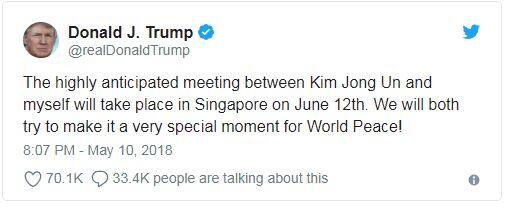  ટ્રંપે ટ્વિટર પર લખ્યું કે, ‘કિમ જોંગ ઉન અને મારી વચ્ચે થનારી બહુપ્રતીક્ષિત બેઠક 12 જૂને સિંગાપુરમાં થવાની છે. અમે બન્ને વિશ્વ શાંતિ માટે ખૂબજ ખાસ પળ બનાવવાનો પ્રયાસ કરીશું.’આ પહેલા ઉત્તર કોરિયા દ્વારા મુક્ત કર્યા બાદ દક્ષિણ કોરિયાના મુળ ત્રણ અમેરિકી નાગરિક અમેરિકા પાછા ફર્યા છે.