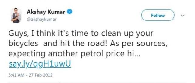 ફેબ્રુઆરી 2012માં કેન્દ્રમાં મનમોહન સિંહની સરકાર હતી. એ સમયે મુંબઈમાં પેટ્રોલ 69.55 રૂપિયા પ્રતિ લીટર તો ડીઝલ 69.55 રૂપિયા પ્રતિ લીટર હતા. એ સમયે અક્ષય કુમારે આ ટ્વિટ કર્યું હતું જે હવે છ વર્ષ બાદ અક્ષય કુમારે આ ટ્વીટ ડિલીટ કરવું પડ્યું. અત્યારે મુંબઈમાં પેટ્રોલની કિંમત પ્રતિ લીટર 84.40 રૂપિયા પ્રતિ લીટર છે અને ડીઝલની કિંમત 72.21 રૂપિયા પ્રતિ લીટર છે. ઉલ્લેખનીય છે કે 2014ની લોકસભા ચૂંટણીમાં ભાજપે પેટ્રોલ ડીઝલની વધતી કિંમતોને પણ મુદ્દો બનાવ્યો હતો. એમનો નારો હતો “બહુત હુઈ જનતા પર પેટ્રોલ-ડીઝલ કી માર, અબ કી બાર મોદી સરકાર.”