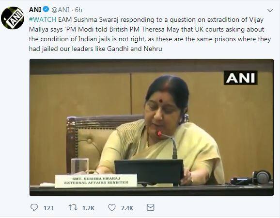 સોમવારે સુષ્મા સ્વરાજ વિદેશ મંત્રાલયની વાર્ષિક પ્રેસ કોન્ફરન્સને સંબોધન કરી રહ્યા હતા. આ દરમિયાન એક પત્રકારે તેમને વિજય માલ્યાને ભારત લાવવા અંગે સવાલ કર્યો હતો. જેનો જવાબ આપતા સુષ્માએ કહ્યું કે ભારત વતી કાનૂની લડાઈ ચાલુ છે. અમે બ્રિટનને ભલામણ મોકલી આપી છે.