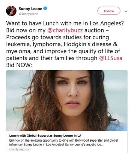  સૌથી વધારે બોલી લગાવનારા ફેનને સની સાથે લંચ પર બે કલાકનો સમય વિતાવવાનો સમય મળશે. સનીનો હેતૂ છે કે તે ઓક્શનથી લગભગ 2500 ડોલર એટલે કે 1.68 લાખ રૂપિયાની કમાણી કરે. વિનરને મફતમાં લંચ મળશે. પરંતુ વાઈનના અલગથી પૈસા આપવાના હશે.