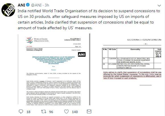 નવા ફેંસલા મુજબ હવે અમેરિકાથી આયાત થતી 800 સીસીથી વધારે બાઇક્સ પર 50 ટકા ડ્યૂટી લાગશે. બદામ અને મગફળી પર 20 ટકા તથા સફરજન 25 ટકા ડ્યૂટી ચાર્જ લેવાશે.