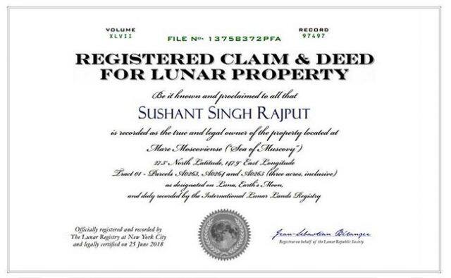 જોકે સુશાંત સિંહ રાજપૂતની જમીન એવા વિસ્તારમાં છે જેને પૃથ્વી પરથી જોઈ શકાય તેમ નથી. સુશાંત આ મામલે એક નિવેદન આપ્યું છે, ‘મારી માએ કહ્યું હતું કે મારી સ્ટોરી એવી હશે જે મારે પોતે બતાવવી પડશે. હું બસ આ જ કરી રહ્યો છું અને ચંદ્ર પર પહોંચી ગયો છું.’ સુશાંત સિંહ રાજપૂતે આ જમીન ઈન્ટરનેશનલ લૂનર લેન્ડ્સ રજિસ્ટ્રીથી ખરીદી છે. જોકે શાહરુખ ખાનને તેનો એક ફેન પહેલાથી જ ચંદ્ર પર જમીન ગિફ્ટ કરી ચૂક્યો છે.