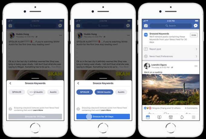 આવી રીતે કરી શકો છો કીવર્ડ સ્નૂઝઃ ન્યૂઝ ફીડમાં દેખાતા કોઇપણ કીવર્ડને 'સ્નૂઝ' કરવા માટે ઉપર રાઇટ સાઇડમાં દેખાતા ત્રણ ડૉટ (...) પર ટેપ કરો, ત્યારબાદ 'ટેમ્પરરી હાઇડ પૉસ્ટ બાય કીવર્ડ'નો ઓપ્શન મળશે.