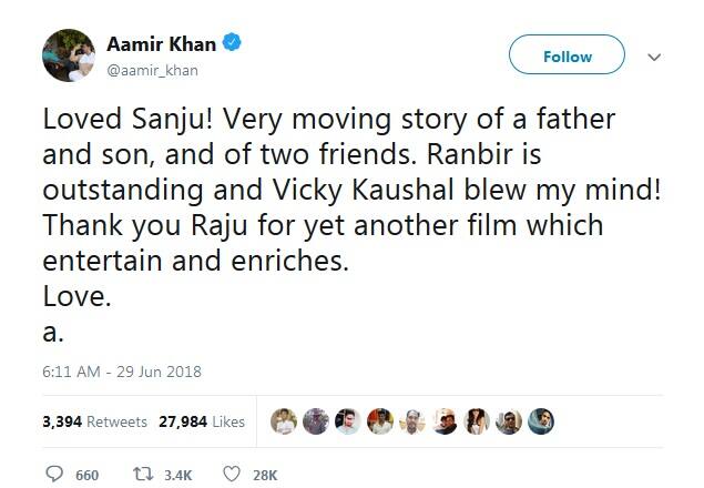 આમિરે રાજુકમાર હિરાનીને આટલી શાનદાર ફિલ્મ બનાવવા માટે આભાર વ્યક્ત કરતા લખ્યું, ધન્યવાદ રાજુ આવી એન્ટરટેઈન અને આત્મનિર્ભર કરનારી ફિલ્મ આપવા માટે.