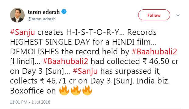 46.71 કરોડની કમાણી સાથે આ ફિલ્મ બૉલીવુડમાં કોઇ એક દિવસમાં સૌથી વધુ કમાણી કરવાનો રેકોર્ડ પણ પોતાના નામે કરી લીધો છે. બૉલીવુડની વાત કરીએ તો આ પહેલા આ રેકોર્ડ શાહરૂખ ખાનની ફિલ્મ 'હૈપ્પી ન્યૂ ઇયર'ના નામે હતો, જેને પહેલા દિવસે 44.97 કરોડની કમાણી કરી હતી. 